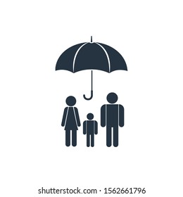 Man, woman, kid under umbrella on white background. Family insurance concept. Vector icon illustration