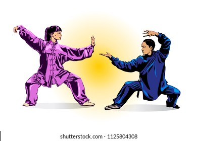 A man and a woman in a kimono showing martial stance Wushu. Wushu kung fu training. Vector illustration.