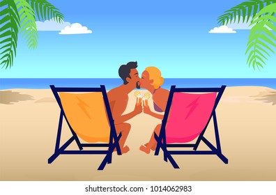 Man and woman kiss each other in recliners on sandy beach with blue ocean, sky with white clouds and exotic palms vector illustration.