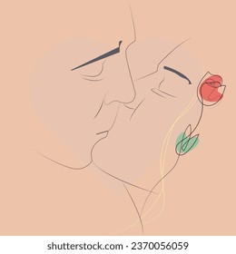 Man and woman, kiss, love, tenderness, illustration, vector, print on paper, fabric