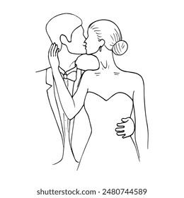 man and a woman kiss tenderly - hand drawn line sketch. woman holding man's face and man hugging woman