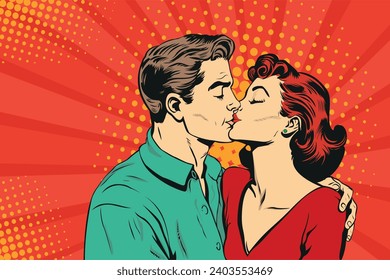 Man and woman are kissing. Couple love vector illustration in pop art retro comic style. svg