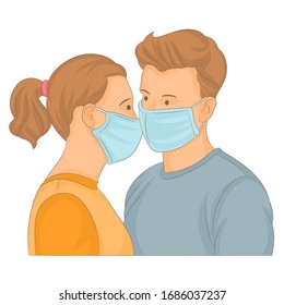 Man and woman kissing each other in protective medical mask