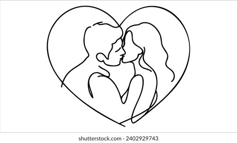 Man and woman kissing in heart Line art. Couple line. Kiss Valentine's Day Love vector illustration, hand-drawn lines, simple wedding couples.