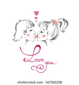 Man and woman kissing. Love you. Valentine's Day. Vector illustration. Congratulation. The inscription on a white background. Calligraphy.