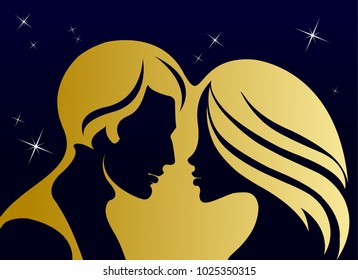 Man and woman kissing in the moonlight. Lovers vector illustration.