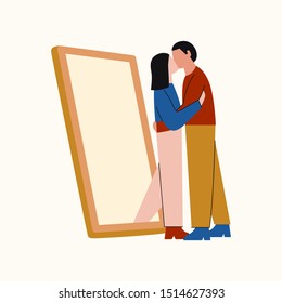 Man and woman kissing near huge mobile phone. Woman coming from the phone screen. Online dating relationship couple. Online app or relationship concept. Flat vector illustration