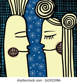 Man and woman kissing  at night.