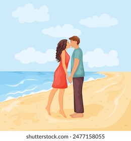 A man and a woman kissing on the beach. Romantic illustration of a man and a woman standing on the beach. Vector illustration.