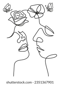 Man and Woman Kissing and Represented as a Poppy and a Rose and Surrounded by Butterflies in Minimal One Line Art Drawing