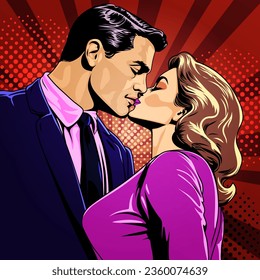 Man and woman kissing, vector illustration in retro pop art comic style. Love and valentine's day concept