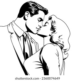 Man and woman kissing, vector illustration in retro pop art comic style. Love and valentine's day concept, outline
