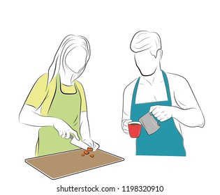 man and woman in the kitchen. he makes coffee, she cooks food. vector illustration.