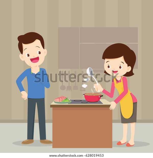 Man Woman Kitchenhusband Look Wife Cooking Stock Vector (Royalty Free ...