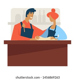 Man and woman kneading dough cooking classes working in pair vector isolated characters, in aprons wheat flour baking bread bakery and pastry food preparing culinary courses education and knowledge.