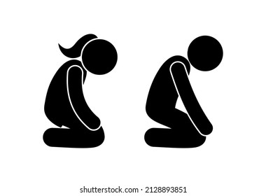 man and woman kneeling, people icons isolated, prayer illustration