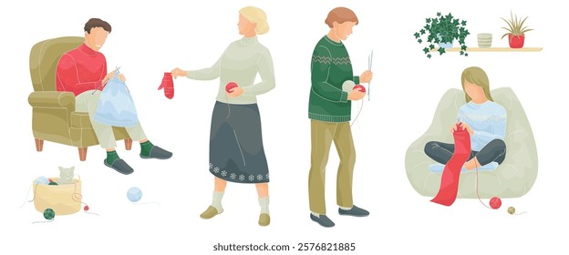 man and woman knitting sitting in a chair, woman stands and holds a knitted mitten and a ball of thread in her hands, man stands with knitting needles and balls of thread in his hand