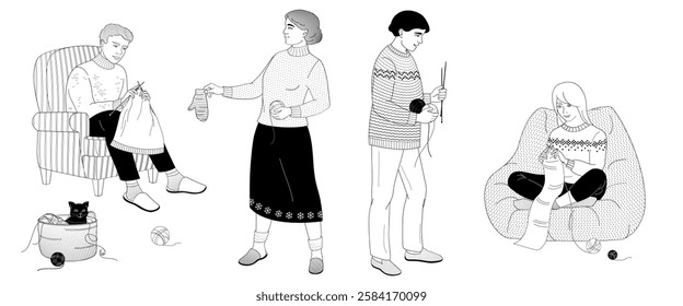 man and woman knitting sitting in a chair, woman stands and holds a knitted mitten and a ball of thread in her hands, man stands with knitting needles and balls of thread in his hand