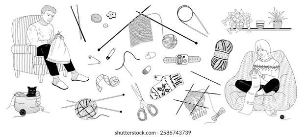 man and woman knitting sitting in a chair and a set of elements about knitting, knitting needles, crochet, balls of wool, pins, scissors, row counter, stitch markers, buttons, knitted mittens