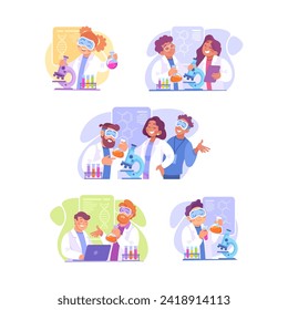 Man and Woman at Laboratory with Flask and Microscope Conduct Experiment Vector Illustration Set