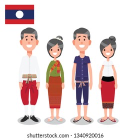 Man and Woman in Laos Traditional formal and Informal Nation Costume With Flag