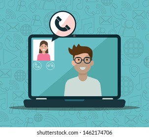 man and woman laptop calling video social network media vector illustration