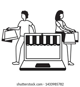 man and woman laptop cart shopping bag commerce vector illustration