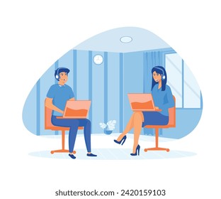  Man and woman with laptop communicates with client. Technical support for customers telephone hotline for business.flat vector modern illustration 