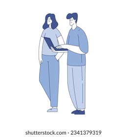 Man and Woman with Laptop Computer Programming Vector Illustration