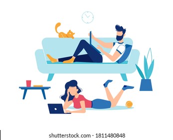 Man and woman with laptop computers at home, fun and entertainment, vector flat design. Man on sofa couch typing and looking at display, woman or girl lying on floor with laptops watching movie