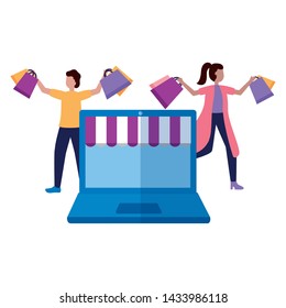 man and woman laptop shopping bag commerce vector illustration