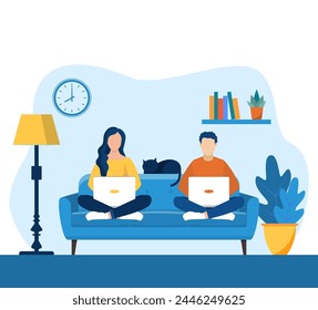 man and woman with laptop sitting on the sofa. Freelance or studying concept. web page design template for online education, learning, video tutorials. Vector illustration in flat style