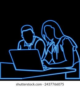 Man and woman with laptop talking and working in office. Teamwork icon neon glow vector illustration concept