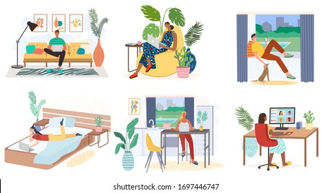 Man and woman with laptops, computers and smartphones are working from home. Freelance work and workplace vector concept. Kitchen, bedroom interior. Distance work, online study, online education.