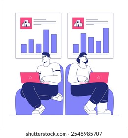 Homem E Mulher Com Notebooks Em Ilustração De Vetor Plano, Simbolizando Análise De Dados, Colaboração No Escritório E Produtividade, Isolados Em Fundo Branco