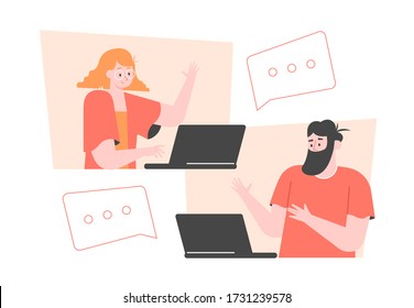 Man and woman with laptops. Online chat and communication. Messaging between colleagues, friends, lovers. Vector flat illustration.