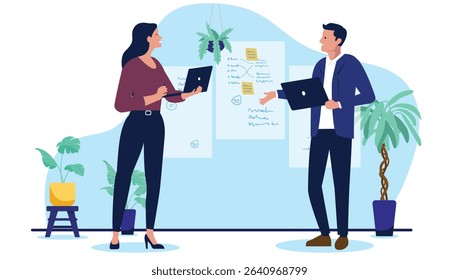 Man and woman with laptops talking and collaborating in a modern office, discussing business strategy or project development. Flat design vector illustration