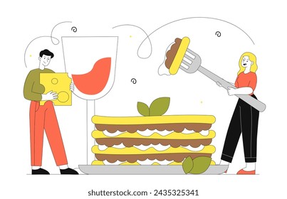 Mann und Frau mit Lasagne einfach. Menschen mit traditioneller italienischer Küche. Fast Food, Dessert und Delikatessen. Doodle flache Vektor-Illustration isoliert auf weißem Hintergrund