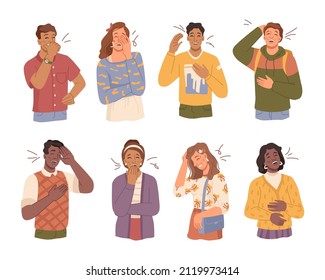 Man and woman laughing and expressing positive emotions. Vector male and female excited and giggling, carefree and hilarious. Youth joking and mocking. Flat cartoon young characters set illustration