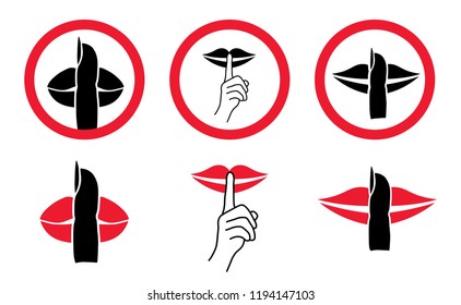 Man or woman lazy day. Mute. please be quiet silent or silence with hand, finger over lips for no talking Sign for psssst shhh sleeping or not sound doodle Funny silhouette hush vector icon or symbol.