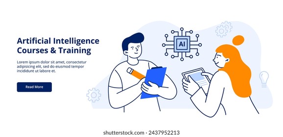 A man and woman learn artificial intelligence. AI services for work, study, creativity, and productivity. Vector flat illustration for web page, banner, or promo. 