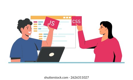 Hombre y mujer aprendiendo el desarrollo de Web, sosteniendo tarjetas JavaScript y CSS con código en pantalla. Programación de la educación, frontend trabajo en equipo aprendizaje digital. Ilustración vectorial plana de dibujos animados.