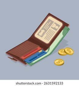 Carteira de couro de homem ou mulher com dinheiro, cartões de crédito e carteira de motorista. Ícone de negócios Finanças. Acessórios elegantes. Ilustração plana isométrica 3d vetorial.