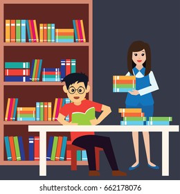 man and woman in a library, working, reading a book. vector illustration
