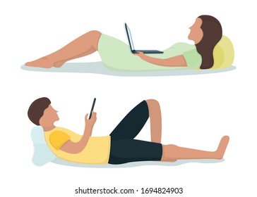 Man, woman lie on floor with gadget tablet, people character rest, relax. Isolated on white, flat vector illustration. Person with pillow, sleeping on floor. Relaxation after hard work day.