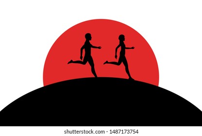 Man and woman lie on a hill, sunset,  silhouette art image, vector illustration isolated on white background