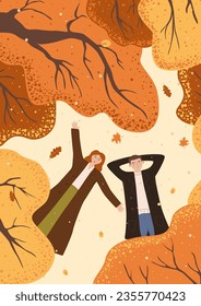 hombre y mujer yacen bajo los árboles del otoño. tarjeta con una pareja en el suelo, vista superior. El marido y la mujer descansan en el bosque de otoño. Ilustración vectorial plana