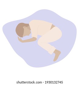 Man or woman lies on his side. Man in white pyjamas. Insomnia, fear, pain. Insomnia and tired, sleeplessness and thinking. Character who cant sleep, depressed person. Flat style Vector illustration