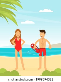 Man and Woman Lifeguard or Rescuer Supervising Safety and Rescuing Swimmers and Surfers Vector Illustration