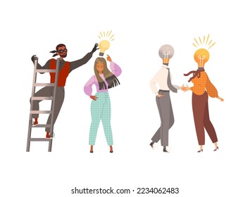 Man and Woman with Light Bulb as Smart Idea and Solution Vector Set